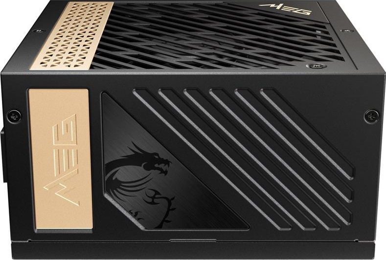 Alimentatore per computer nero e oro. Presenta linee angolate, un logo a forma di drago e le lettere MEG.