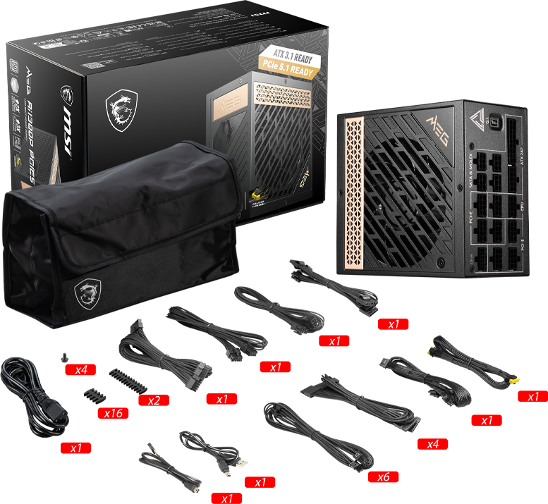 Alimentatore MSI MEG e componenti. Include scatola, borsa, cavi e connettori. Schema di colori nero e oro.