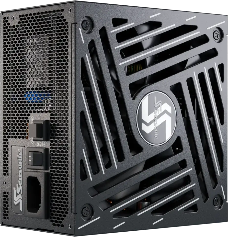 Un bloc d'alimentation d'ordinateur noir avec ventilateur et ventilation. L'appareil a un logo Seasonic et divers interrupteurs et ports.