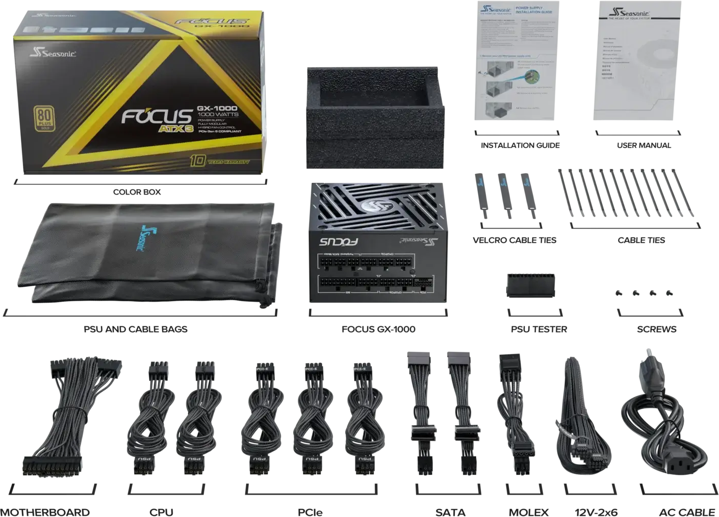 Un kit d'alimentation avec divers composants : une boîte, une alimentation, des câbles, des manuels et des accessoires, pour PC.