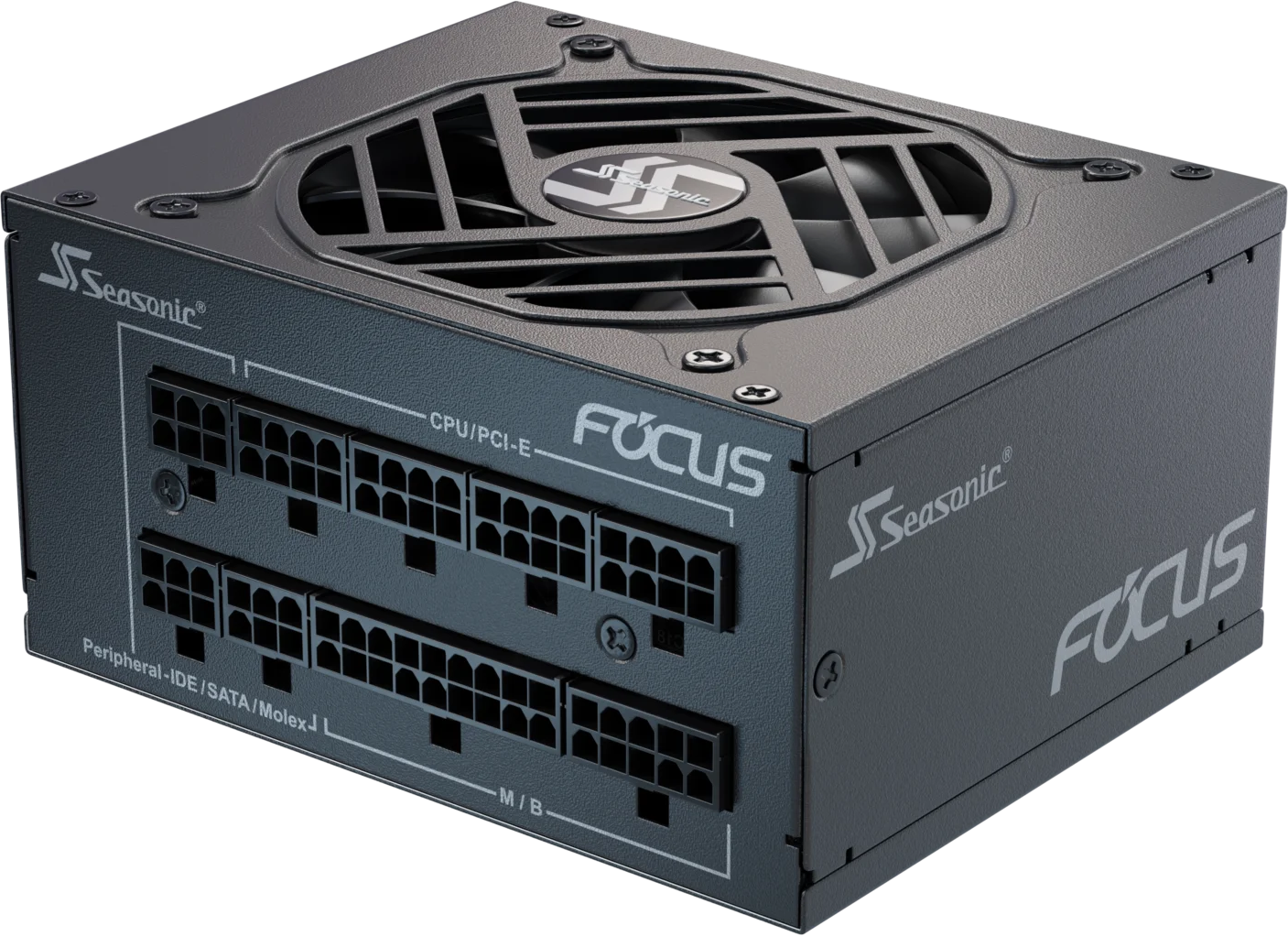 Un alimentatore Seasonic Focus nero. Ha più slot connettore, una ventola e il nome del marchio sui lati.