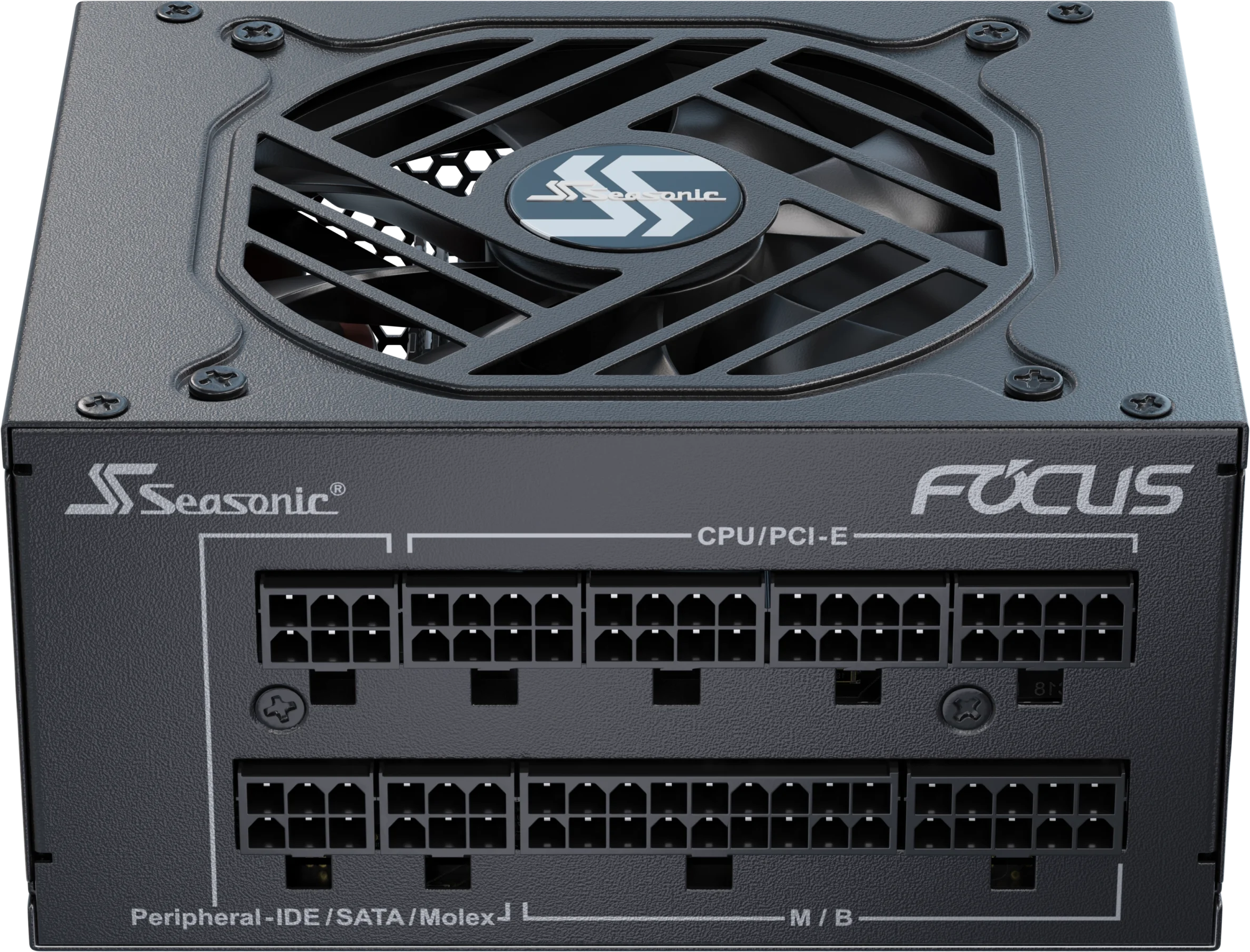 Un alimentatore per computer nero. Ha più porte e una ventola. Il marchio è Seasonic.