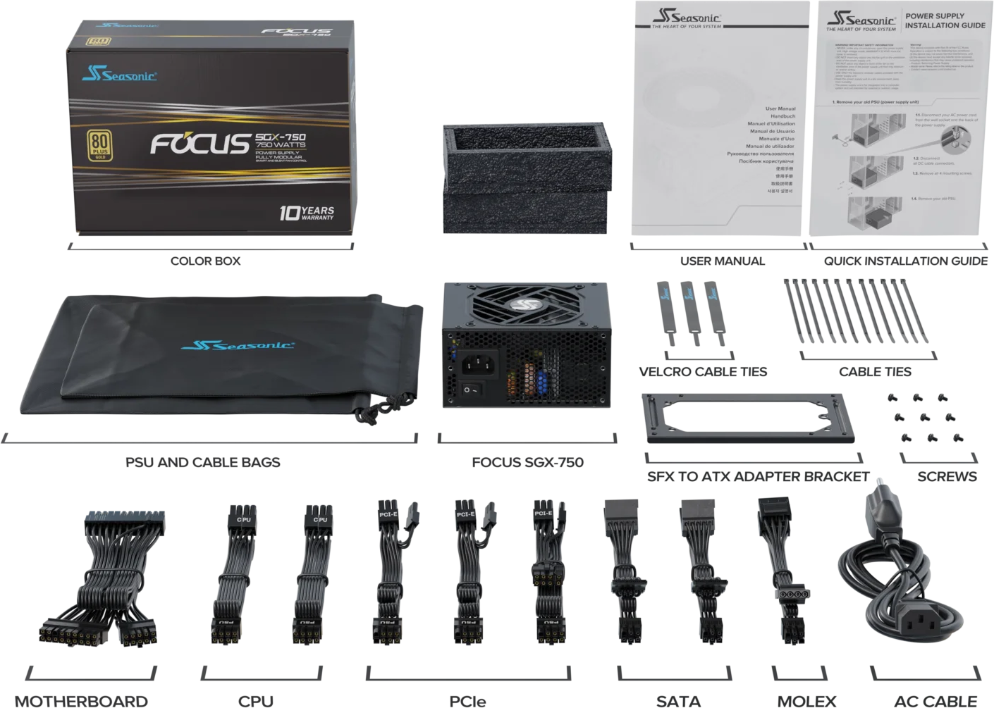 Alimentatore Seasonic Focus SGX-750. Include scatola, manuali, cavi, fascette e componenti. I colori nero e grigio dominano la scena.