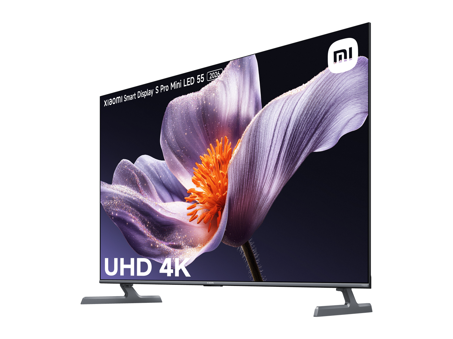 TV Xiaomi Smart Display S Pro Mini LED 55. Pantalla muestra una flor. UHD 4K. Soporte gris, fondo oscuro y logo Xiaomi.