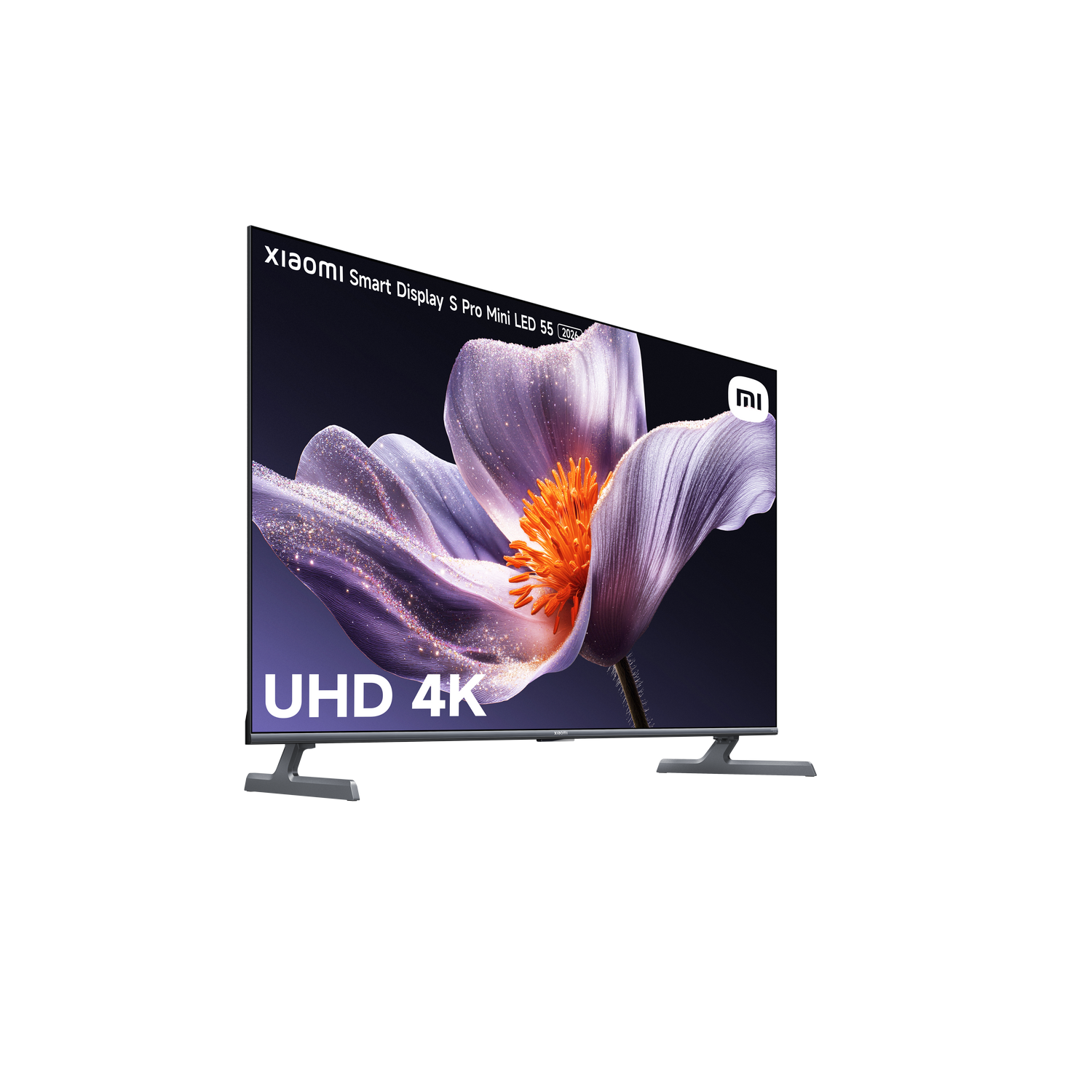 Xiaomi Smart Display S Pro Mini LED TV. La pantalla muestra una flor con pétalos morados y centro naranja. UHD 4K.