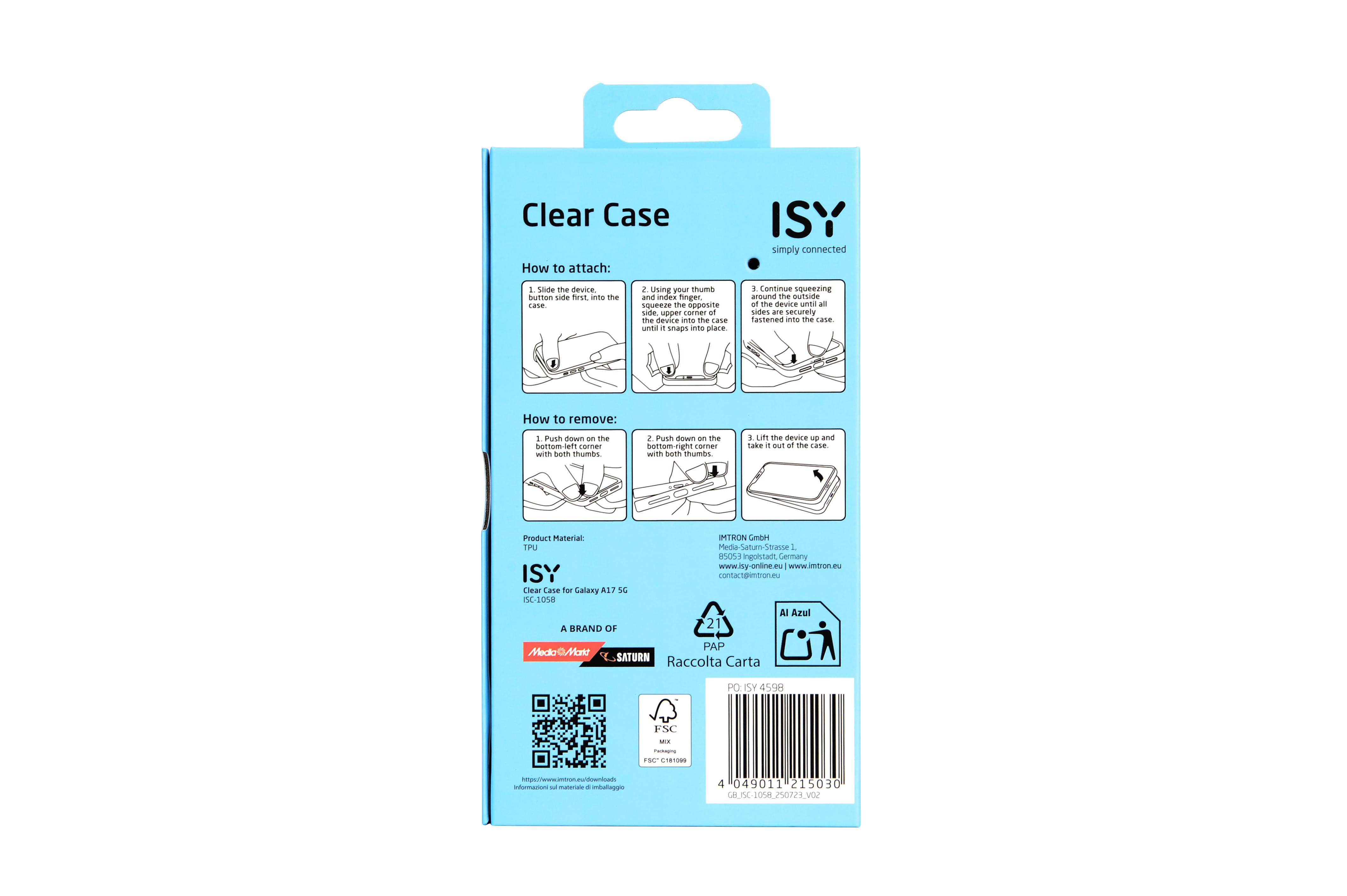 Eine transparente ISY-Handyhülle-Verpackung mit Anweisungen und Branding.