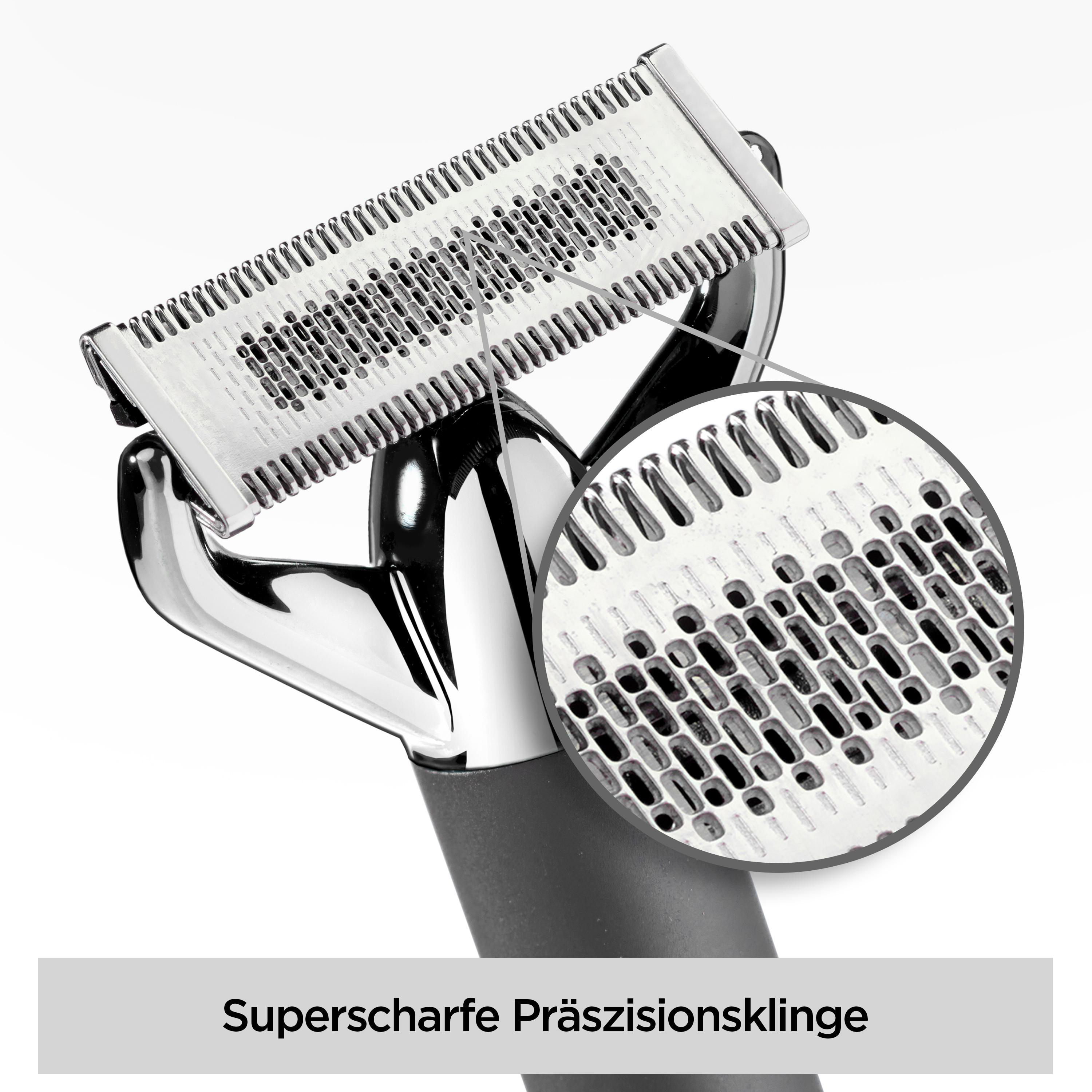 Nahaufnahme einer Reibe. Die Klinge ist silberfarben, mit einem schwarzen Griff. Weißer Hintergrund.