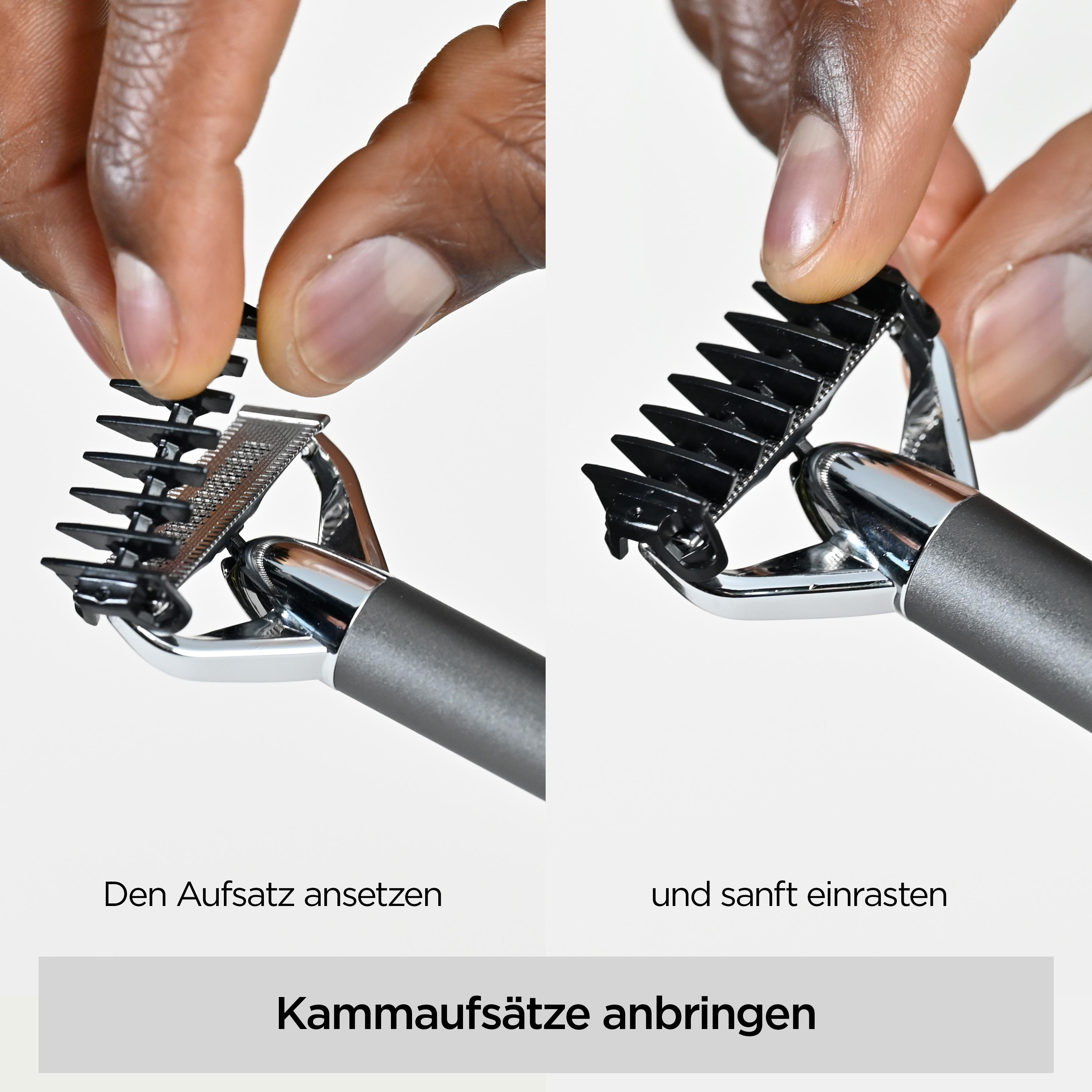 Hände befestigen einen schwarzen Kammaufsatz an einem silbernen und grauen Elektrorasierer. Text: 'Kammaufsätze anbringen'.