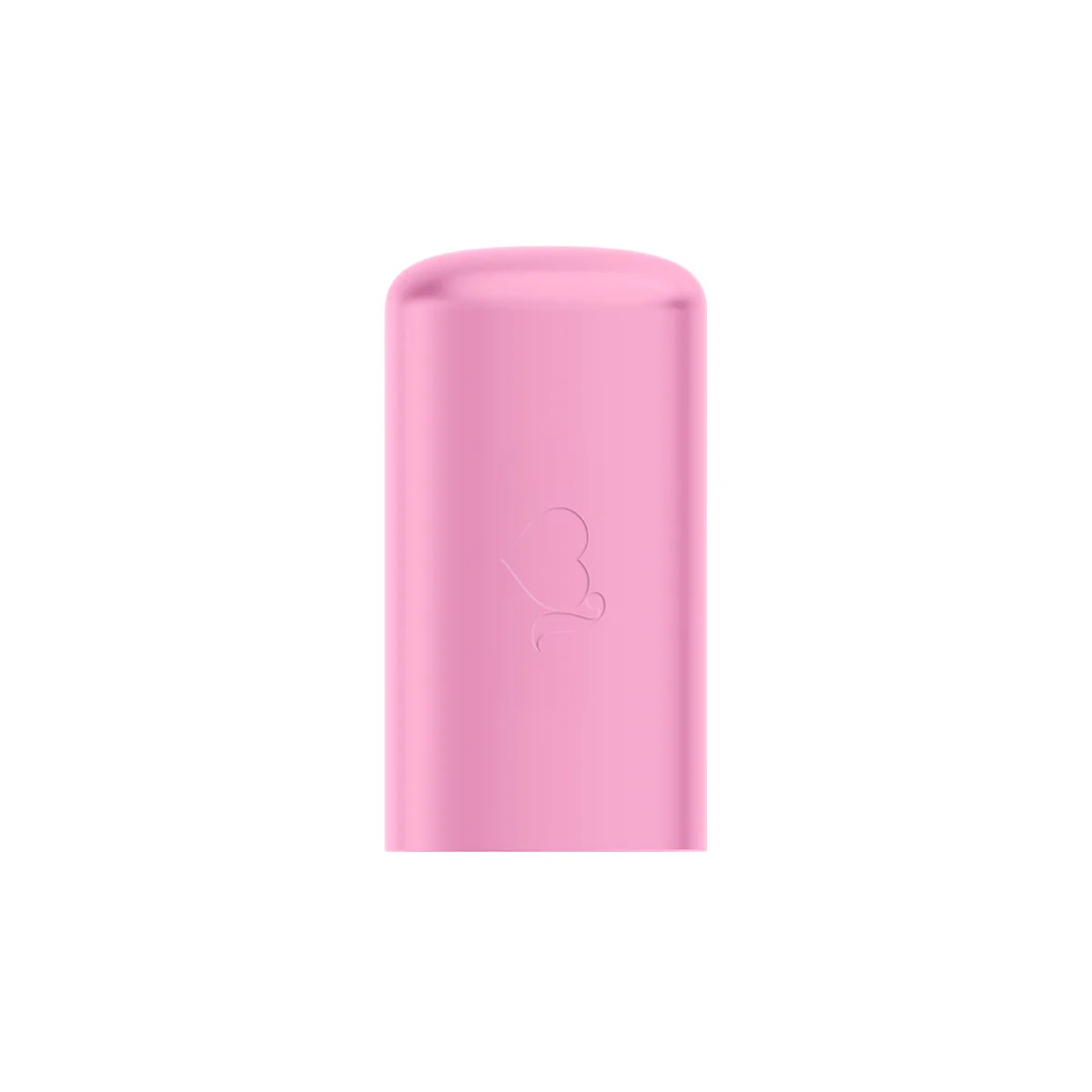Un objeto rosa rectangular con la parte superior redondeada. Un logotipo en forma de corazón está en el frente. El fondo es blanco.