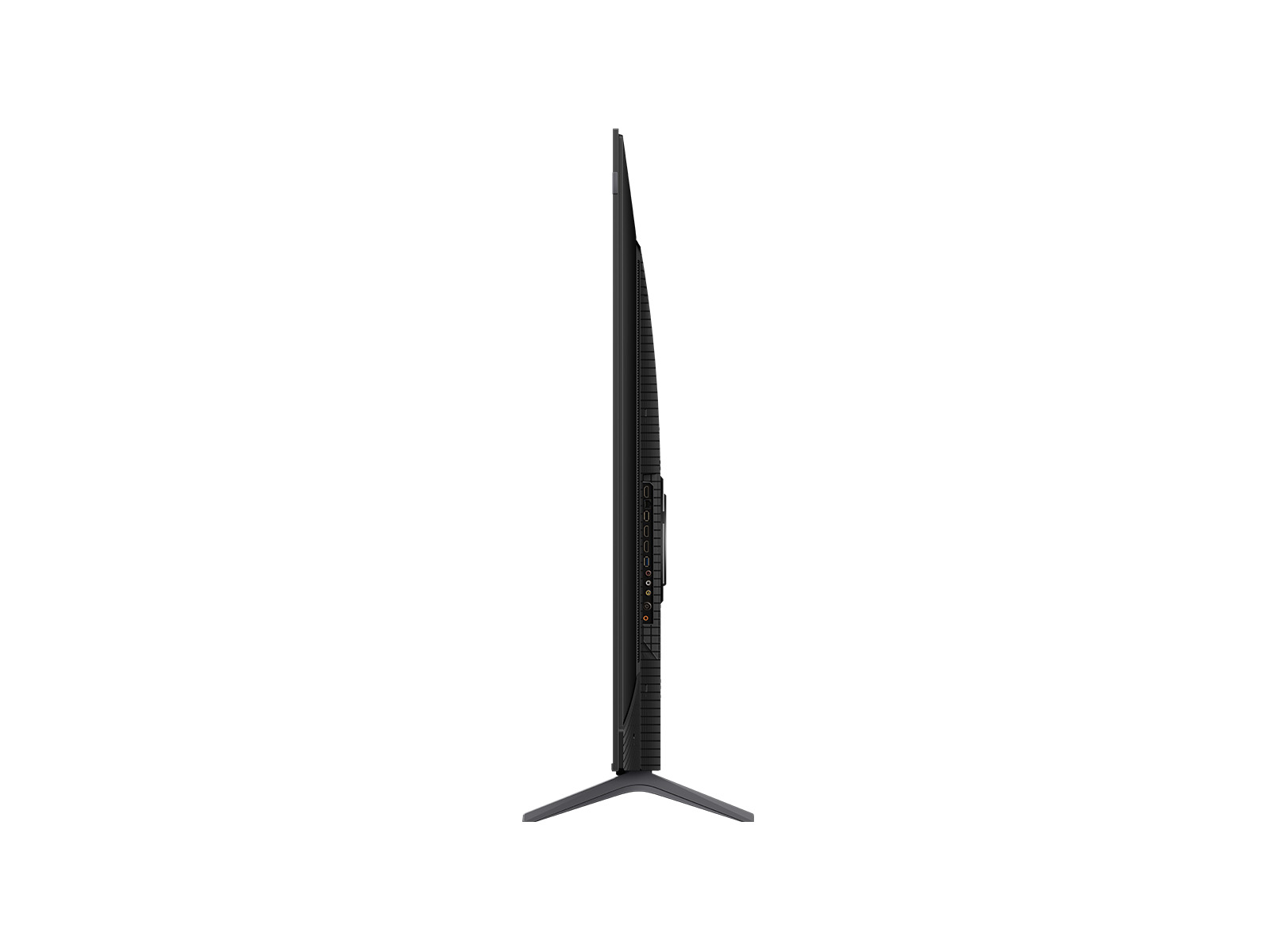 Vista lateral de un televisor negro y delgado con soporte. La pantalla está oscura y los puertos son visibles. El fondo es blanco.