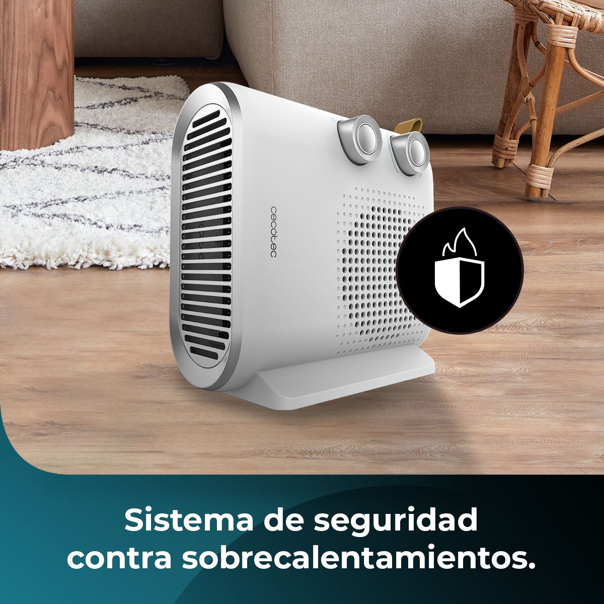 Un calefactor eléctrico blanco y plateado sobre un suelo de madera. Un círculo negro muestra un icono de llama y escudo. Texto: sistema de seguridad contra sobrecalentamiento.
