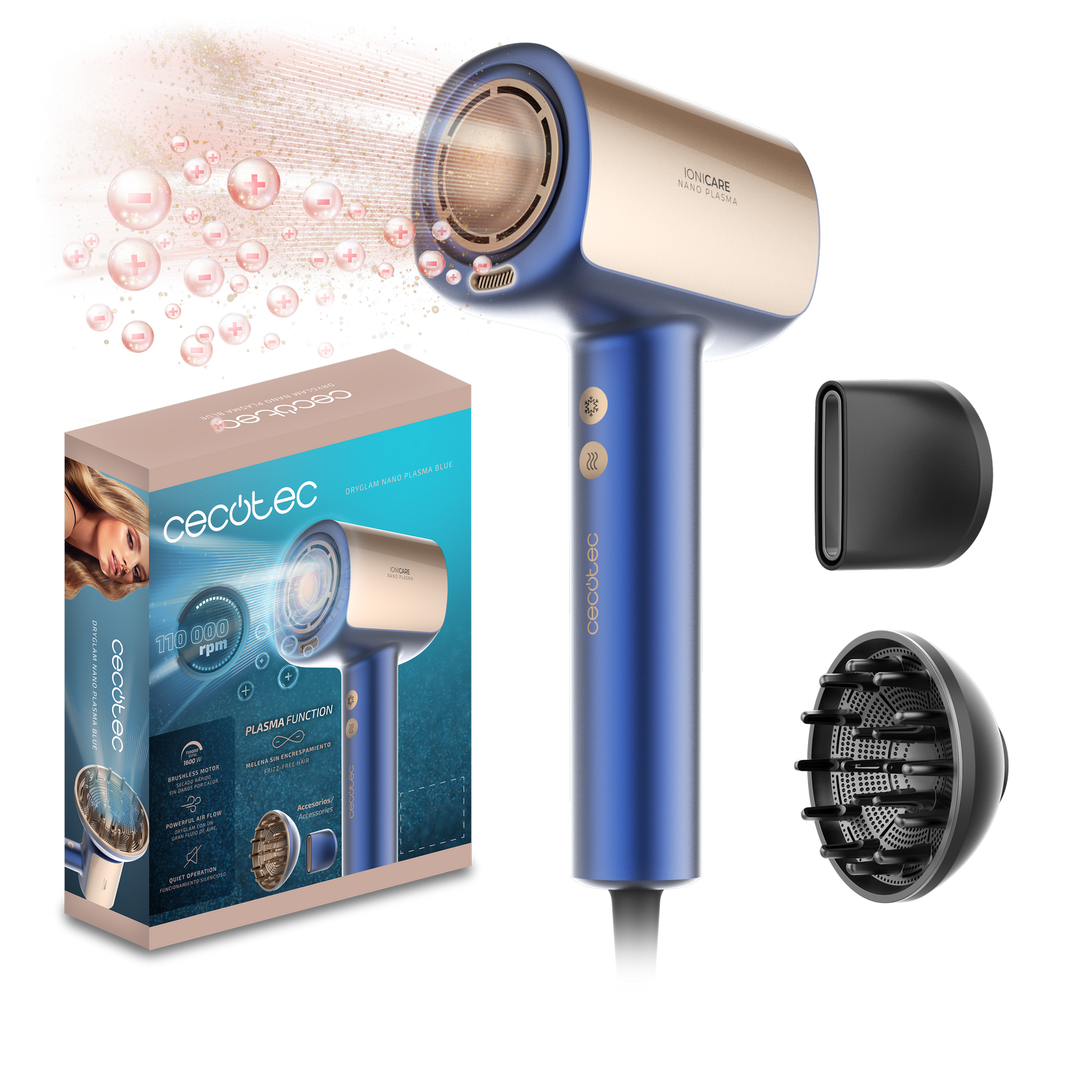 Un secador de pelo azul y dorado con accesorios y una caja. La caja muestra el secador y características. Nombre del producto: DRYGLAM NANO PLASMA BLUE.