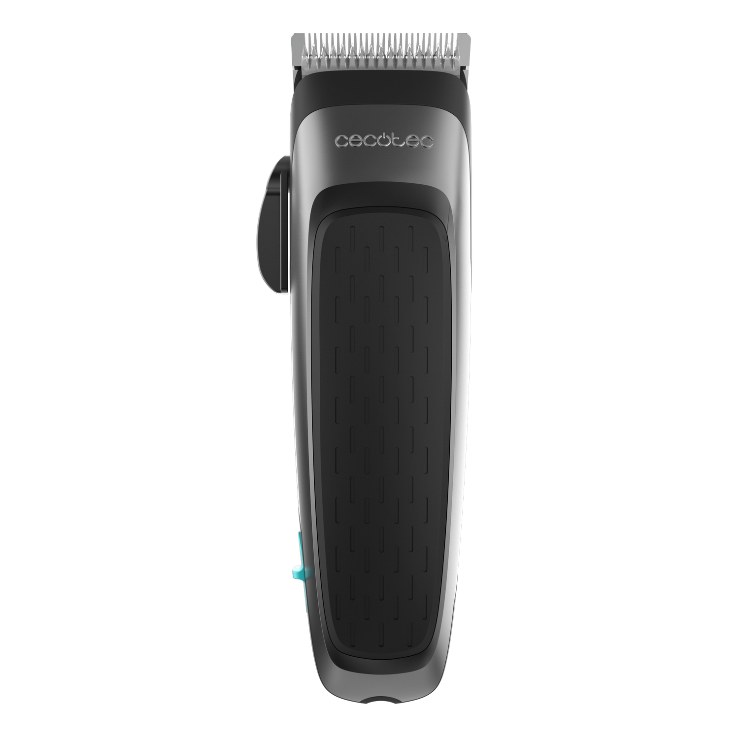 Una recortadora de pelo negra y plateada sobre fondo gris. La marca es Cecotec. Tiene un interruptor azul.