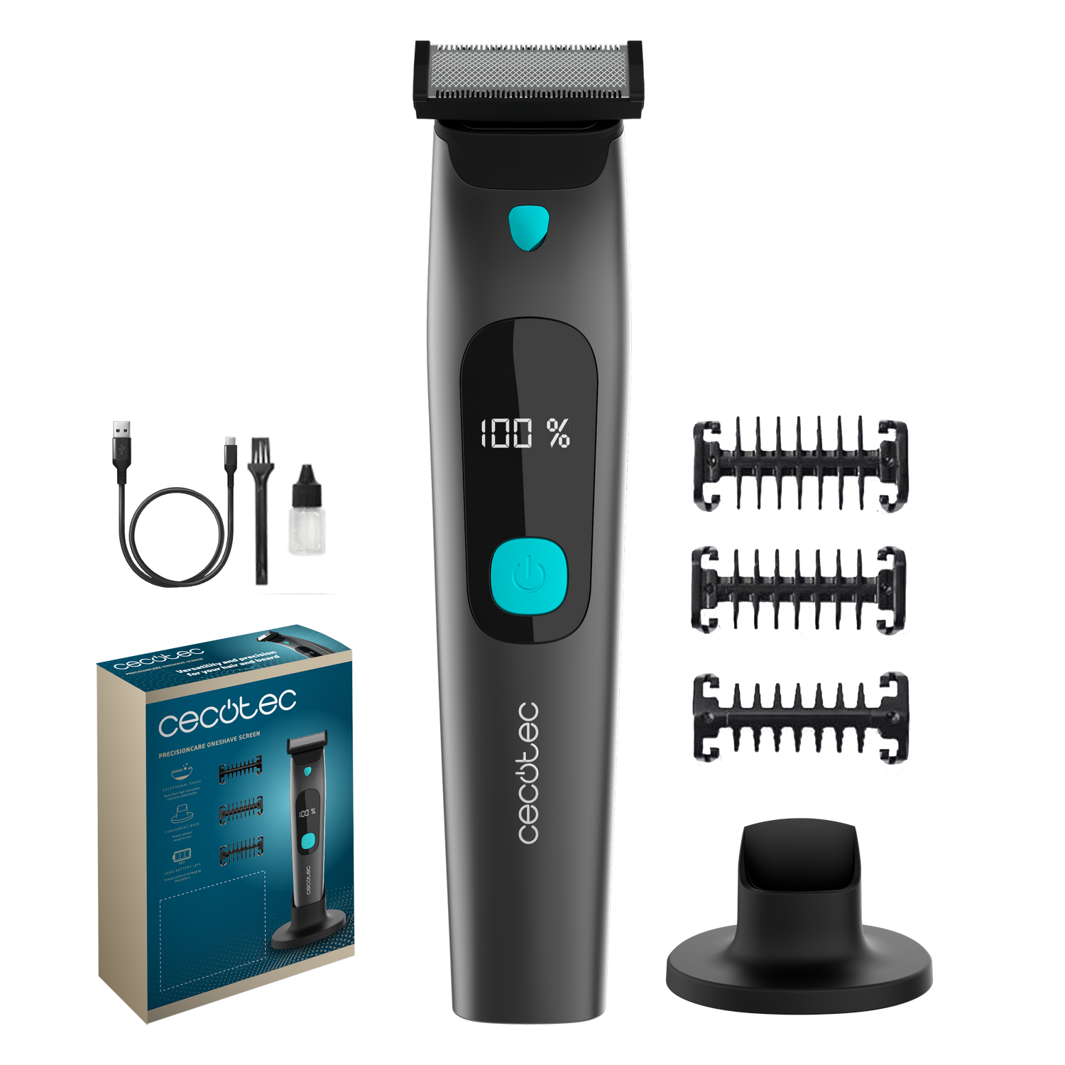 Una afeitadora eléctrica negra y gris con accesorios y una caja. La afeitadora muestra un 100% de carga. Se ven cuchillas, un soporte y un cable USB.