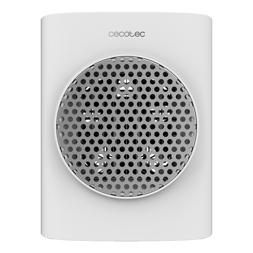 Purificador de aire blanco con rejilla circular perforada. La marca 'Cecotec' es visible arriba. El diseño es moderno y minimalista.