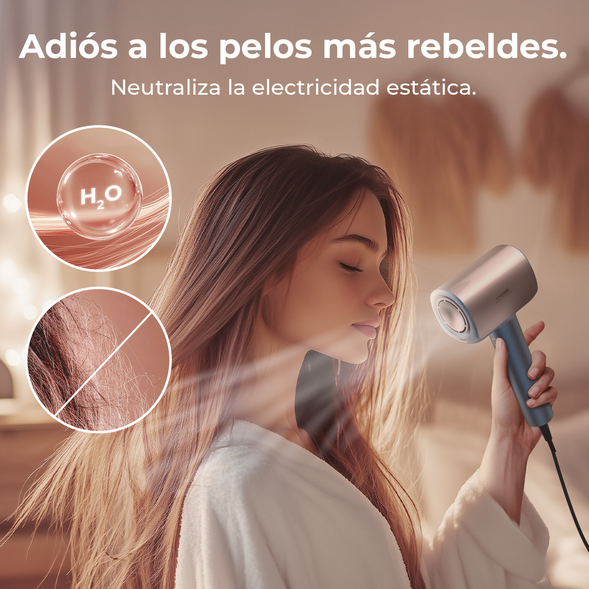 Mujer con cabello largo usando un secador de pelo. La imagen muestra el secador y dos círculos con cabello y moléculas de agua.