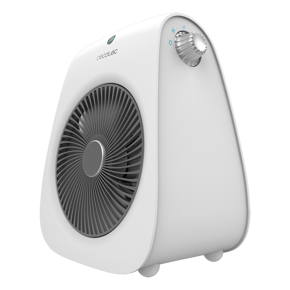 Un ventilador Cecotec blanco con aspas grises. Tiene una perilla de control y una pequeña luz. El ventilador está sobre un fondo oscuro.