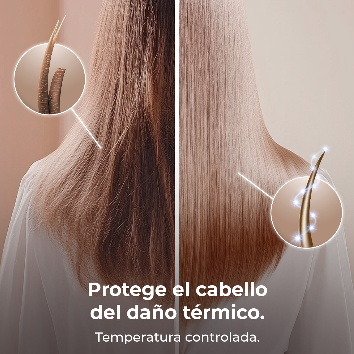 La imagen muestra el cabello antes y después del tratamiento térmico. Cabello dañado a la izquierda, liso y sano a la derecha. Se muestran detalles de los mechones.
