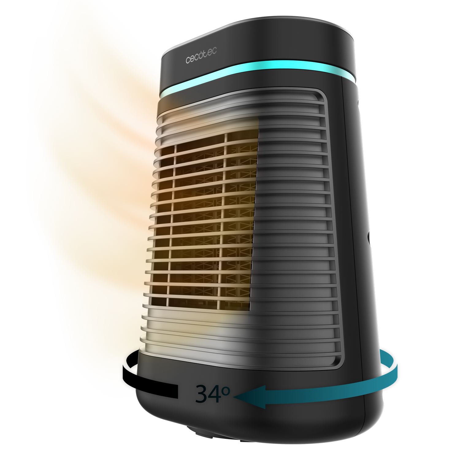 Ventilador negro con rotación de 34 grados, que muestra un efecto de calor. Tiene una luz azul y un fondo gris.