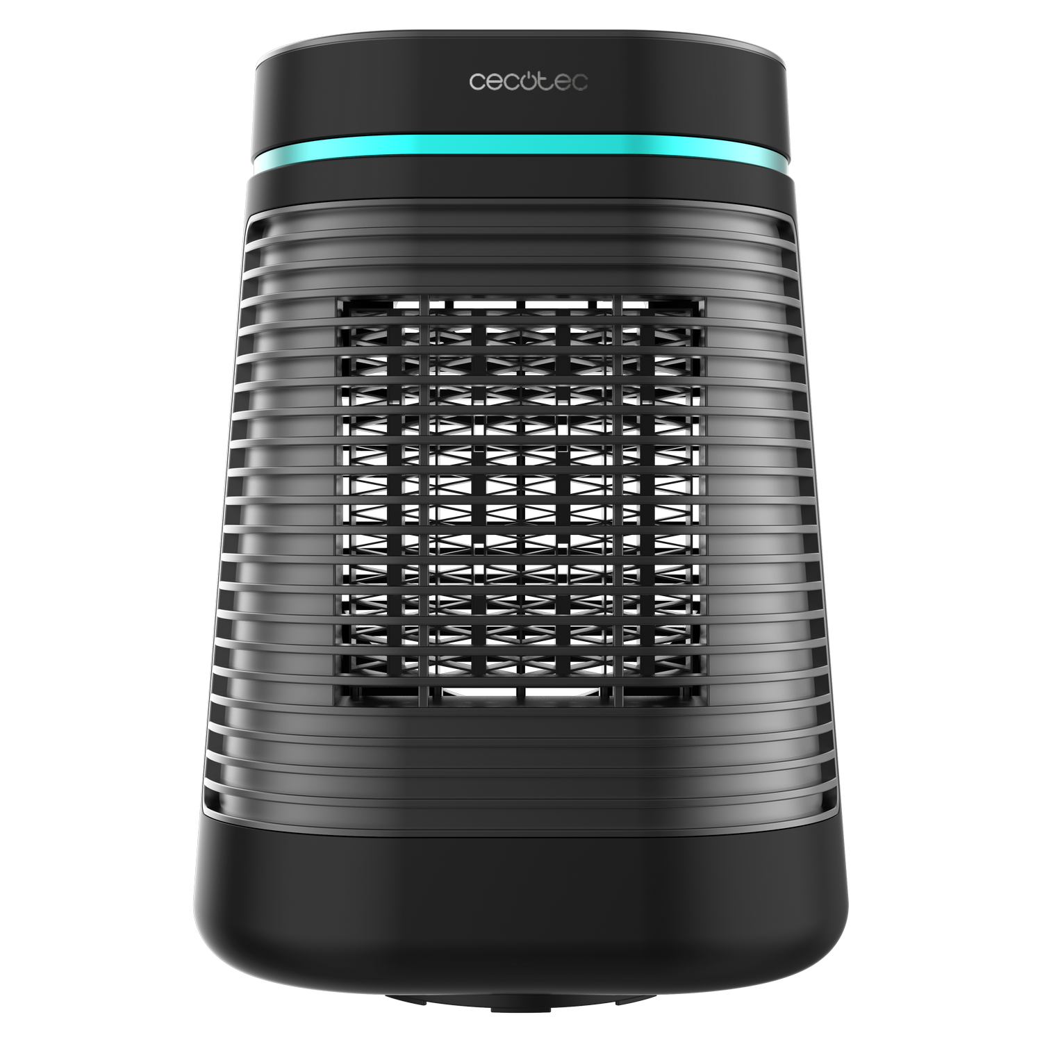 Electrodoméstico cilíndrico negro con barras horizontales. Tiene una banda de luz azul y la marca 'cecotec' arriba.