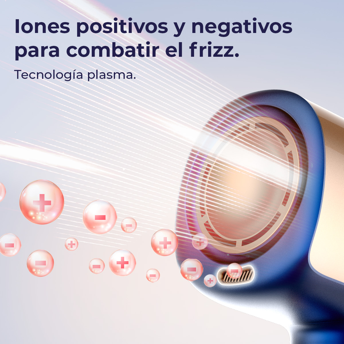 La imagen muestra un secador de pelo azul y dorado que emite luz y esferas con signos más y menos, el texto dice: iones positivos y negativos para combatir el encrespamiento.