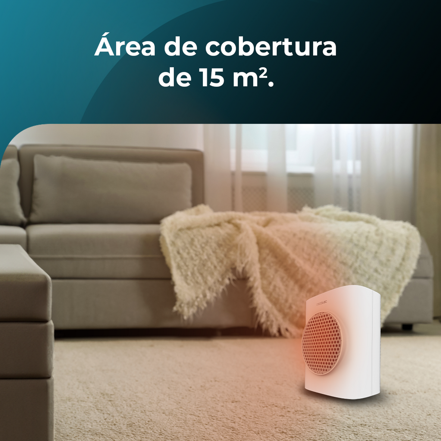 Un calefactor blanco sobre una alfombra. Un sofá gris y una manta en el fondo, con texto 'Area de cobertura de 15 m2.'