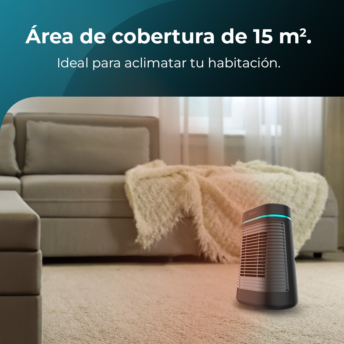 Un calefactor negro sobre una alfombra frente a un sofá. Una manta descansa sobre el sofá. Texto: Área de cobertura de 15 m².