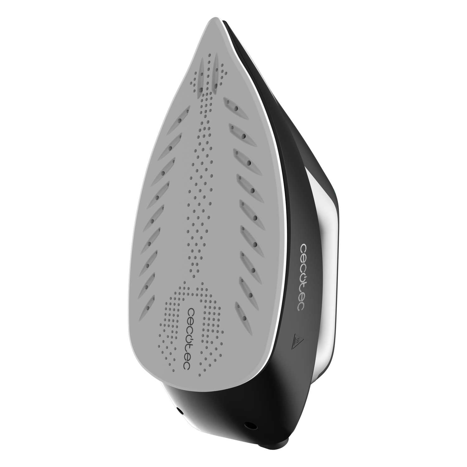 Una plancha en blanco y negro con suela gris, la marca 'cecotec' está impresa en el lateral. El fondo es gris.