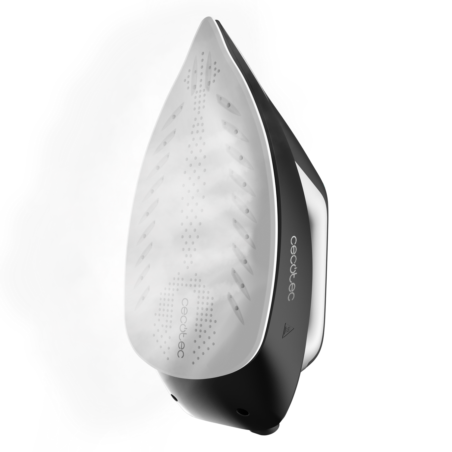 Una plancha en blanco y negro con vapor saliendo. La plancha es blanca con detalles negros y un fondo gris.