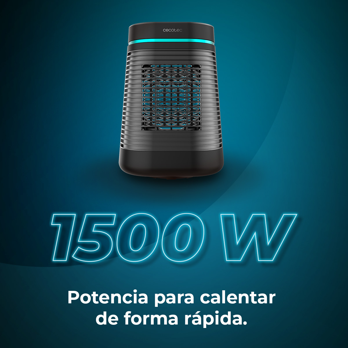 Calentador eléctrico negro con brillo azul sobre fondo azul. El texto dice 1500 W y Potencia para calentar de forma rápida.