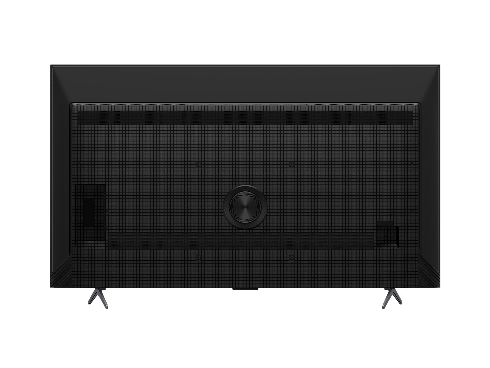 Vista trasera de un televisor negro. Tiene una parte trasera texturizada con un elemento circular central y dos patas en forma de V.