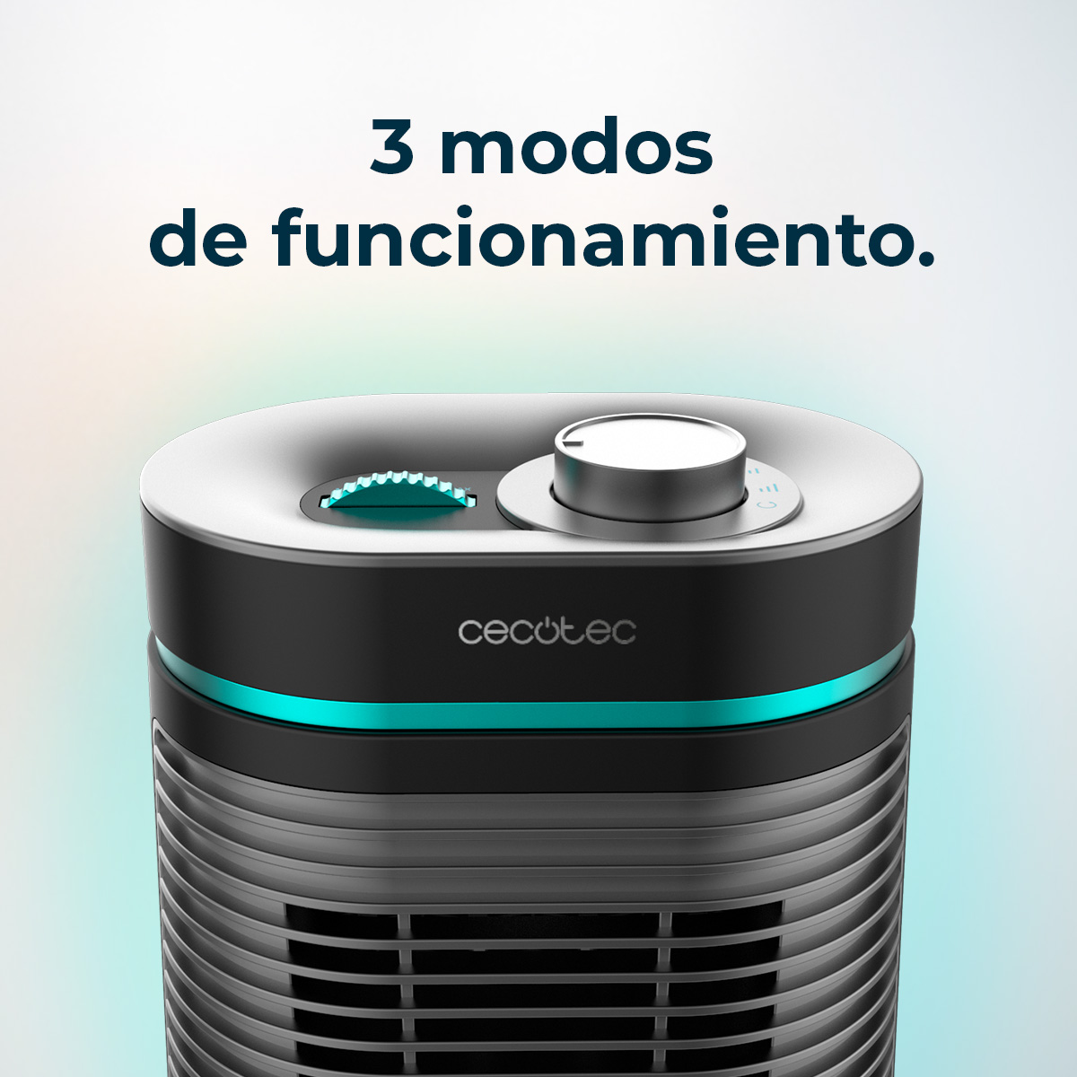 Un ventilador negro y plateado con un dial. El texto superior dice: '3 modos de funcionamiento'.