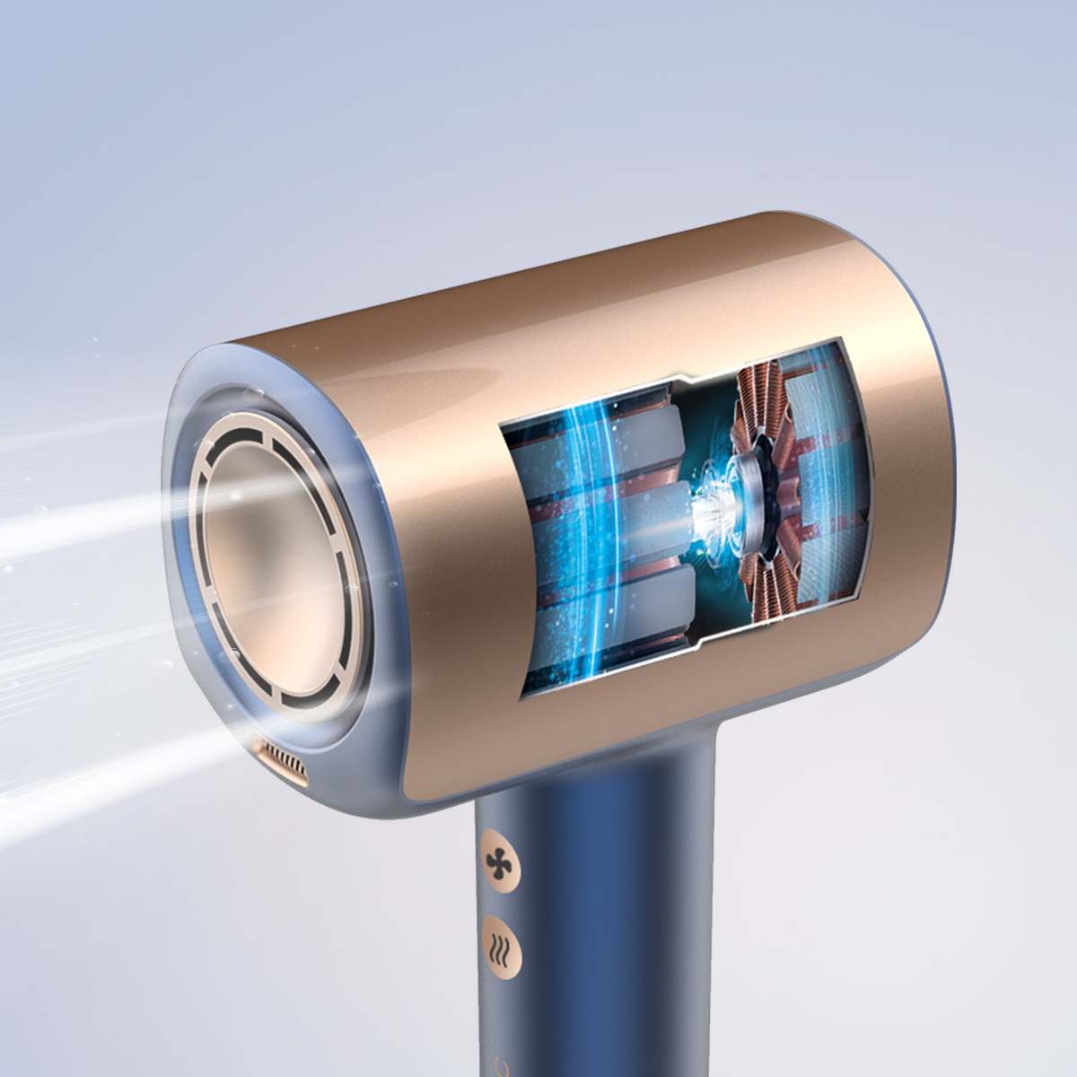 Corte transversal de un secador de pelo dorado y azul. Componentes internos visibles, incluyendo motor y ventilador. Líneas de flujo de aire emanan.