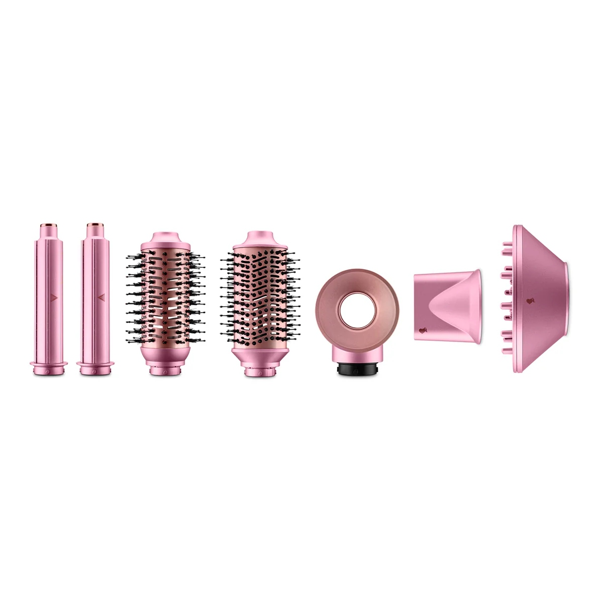 Juego de herramientas rosas para peinar el cabello. Incluye varios cabezales de cepillo, boquillas y accesorios, con acabado oro rosa, sobre fondo blanco.