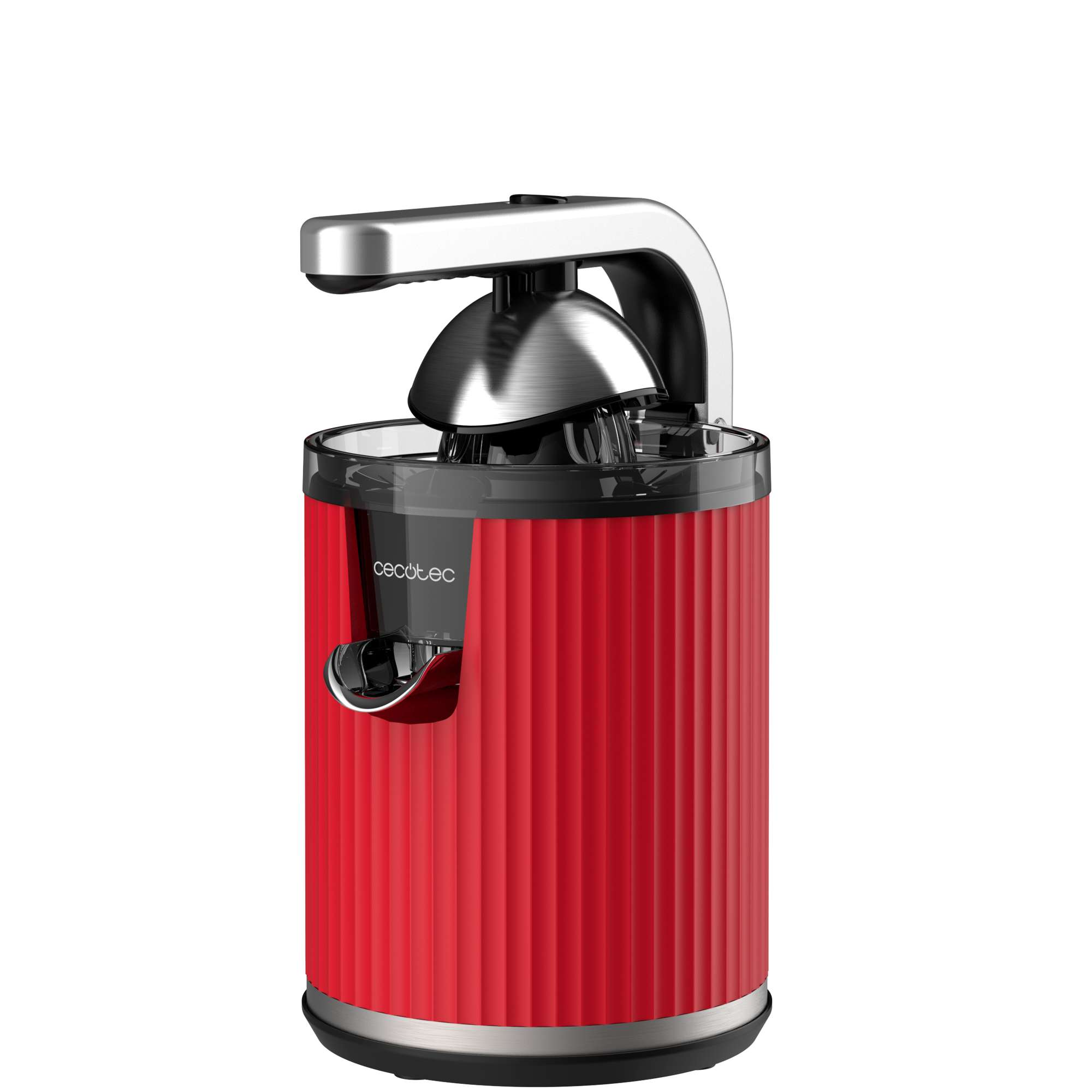 Exprimidor de cítricos eléctrico rojo y plateado. Cuenta con base roja acanalada, parte superior plateada y la marca 'Cecotec'.