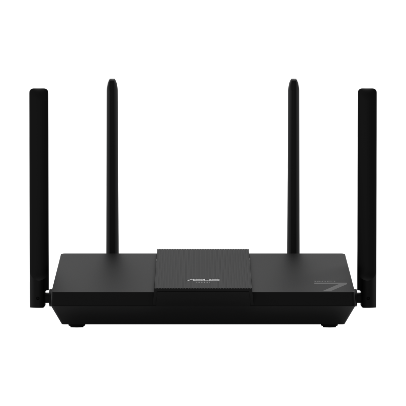 Un router ASUS Wi-Fi 7 negro con cuatro antenas. El router está sobre un fondo negro.