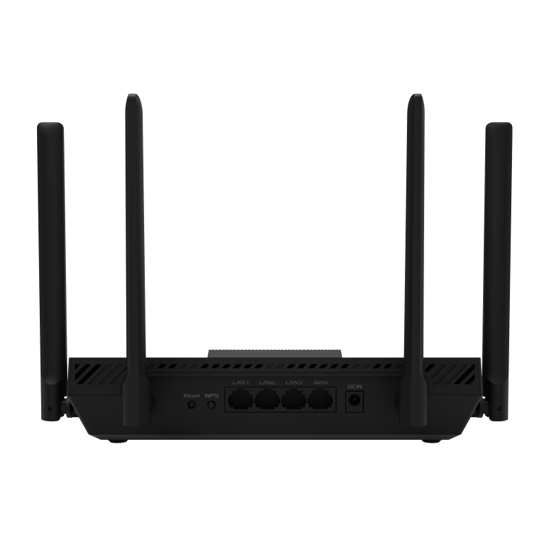 Router negro con cuatro antenas, puertos LAN, WAN y DCIN. Los botones incluyen reinicio y WPS. El fondo es negro.
