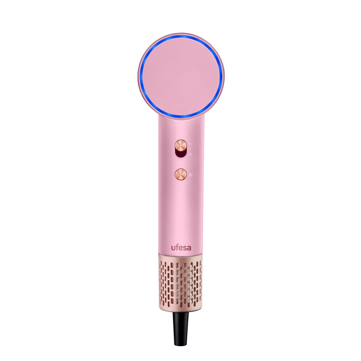 Un secador de pelo rosa Ufesa con cabezal circular y botones. La base tiene una malla metálica y boquilla negra.