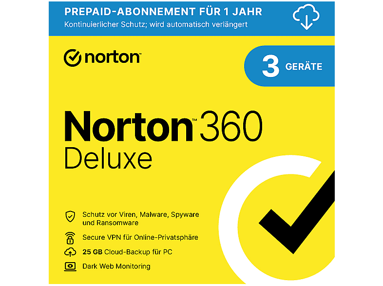 Norton 360 Deluxe - 1 Benutzer - 3 Geräte - 1 Jahres Abo - 25GB Cloud-Speicher (PC, iOS, MAC, Android)