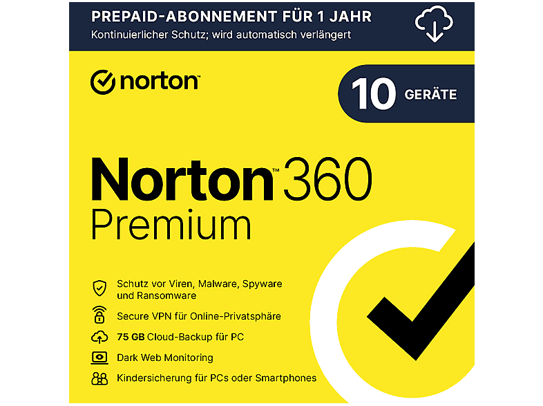 Norton 360 Premium - 1 Benutzer - 10 Geräte - 1 Jahres Abo - 75GB Cloud-Speicher (PC, iOS, MAC, Android)