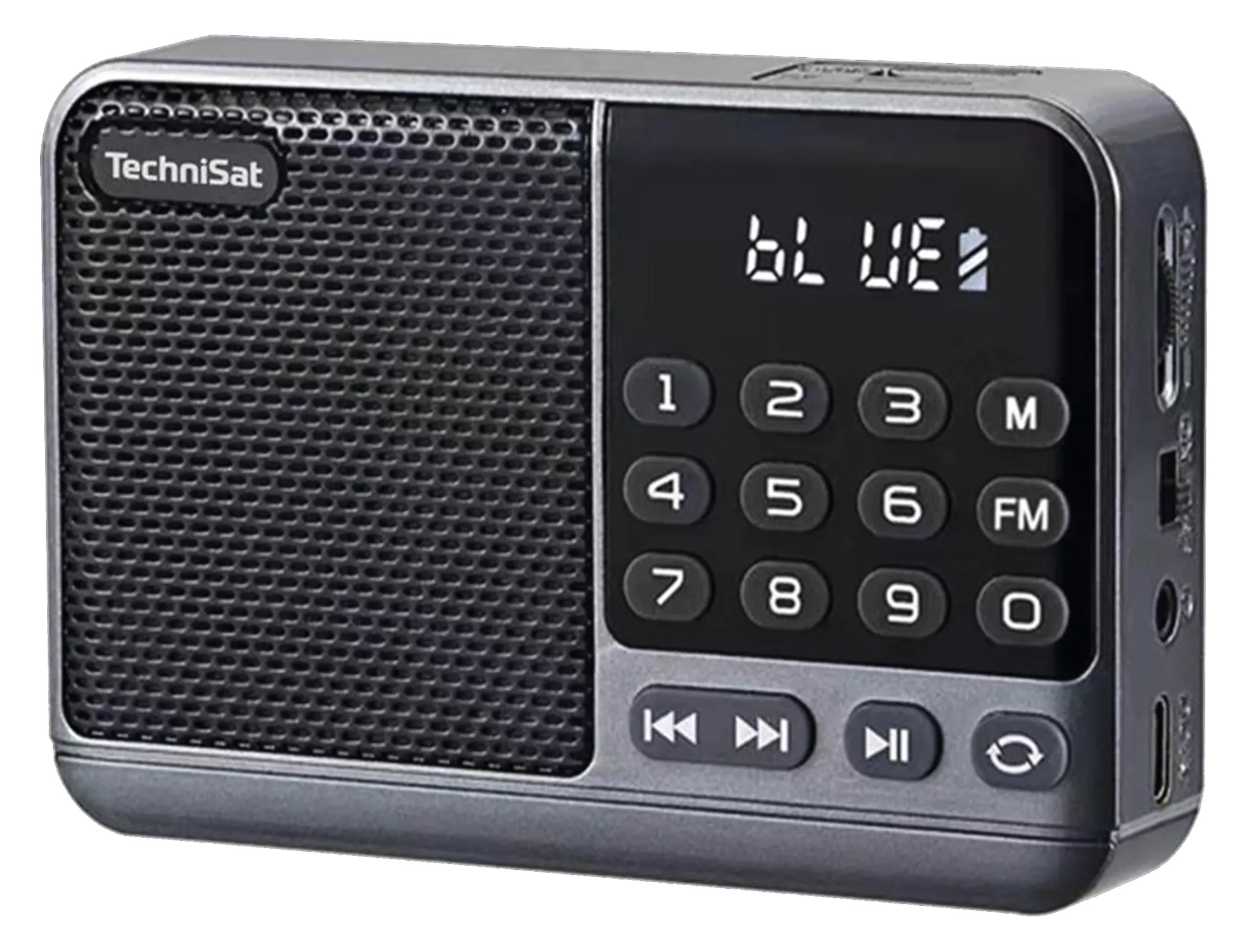 Szare przenośne radio TechniSat z czarną maskownicą głośnika, wyświetlaczem, przyciskami numerycznymi i różnymi portami.