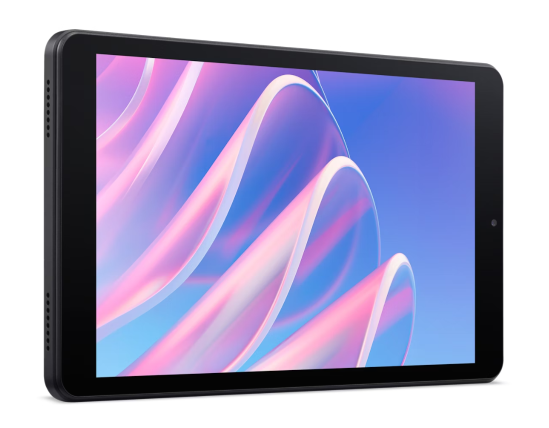Fekete tablet színes képernyővel, rózsaszín és fehér hullámszerű formákkal kék háttér előtt, fehér alapon.