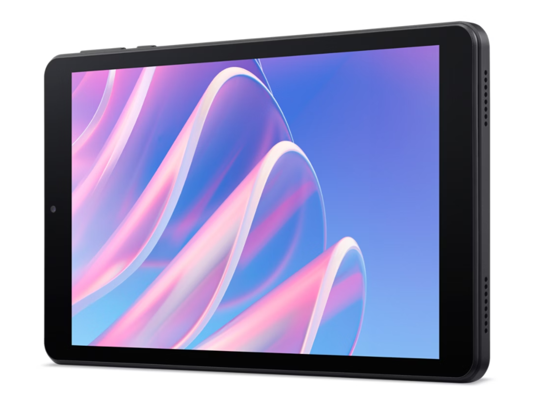 Egy fekete tablet, képernyőjén absztrakt rózsaszín és fehér áramló formákkal, kék háttérrel, fehér felületen.