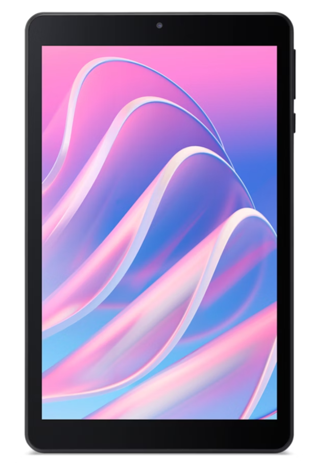 Fekete tablet, rózsaszín, kék és fehér absztrakt dizájnnal a képernyőn. A tablet fehér háttéren.