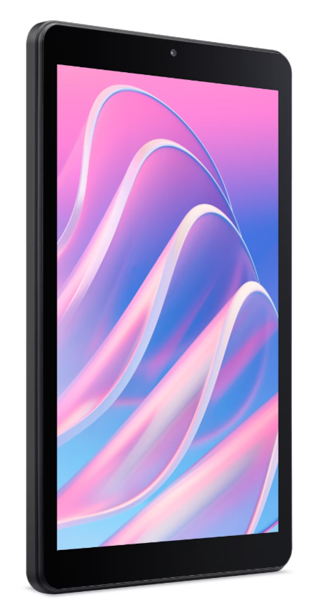 Egy fekete tablet vibráló, absztrakt háttérképpel, rózsaszín és kék hullámos vonalakkal. A képernyő tetején egy kis kamera található.