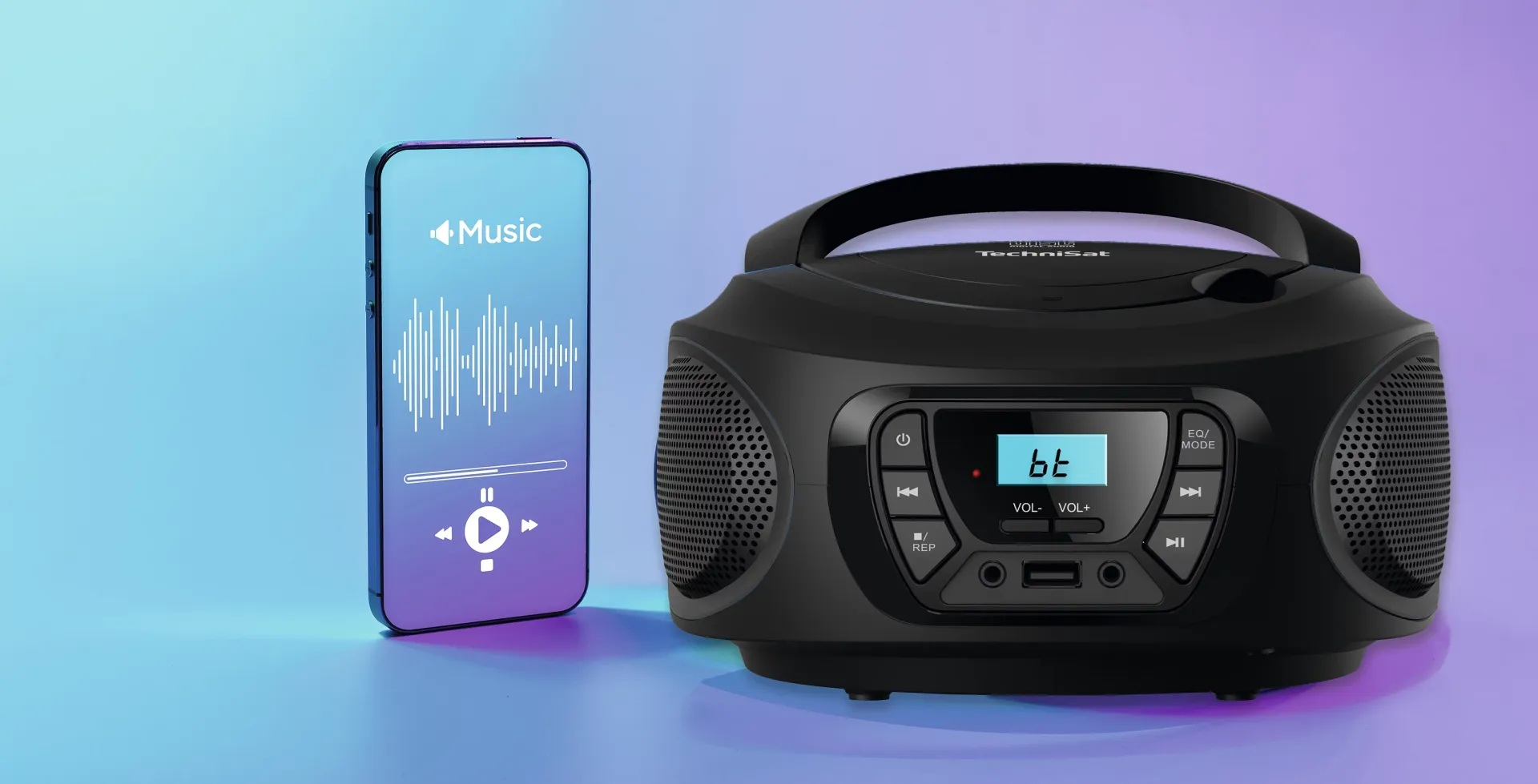 Czarny przenośny odtwarzacz muzyki obok smartfona z interfejsem aplikacji muzycznej.