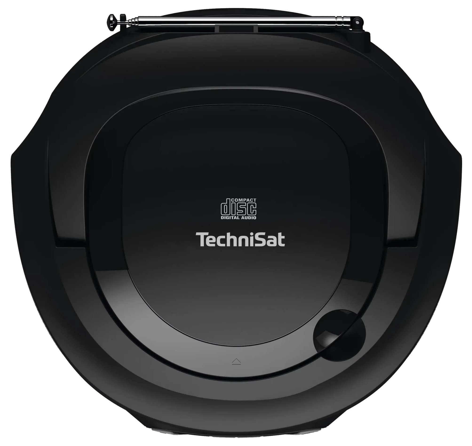 Czarny odtwarzacz CD TechniSat. Posiada logo Compact Disc i antenę. Ma błyszczący, okrągły kształt.