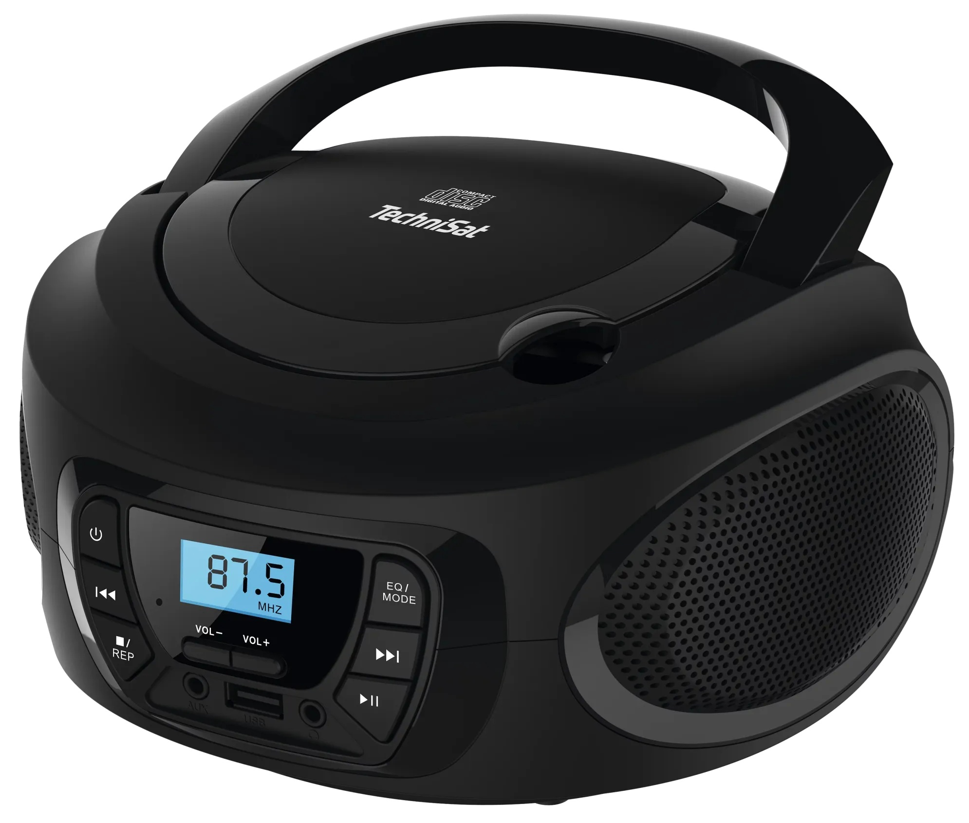 Czarny boombox TechniSat z cyfrowym wyświetlaczem 87,5 MHz. Posiada uchwyt, przyciski i kratki głośnikowe.