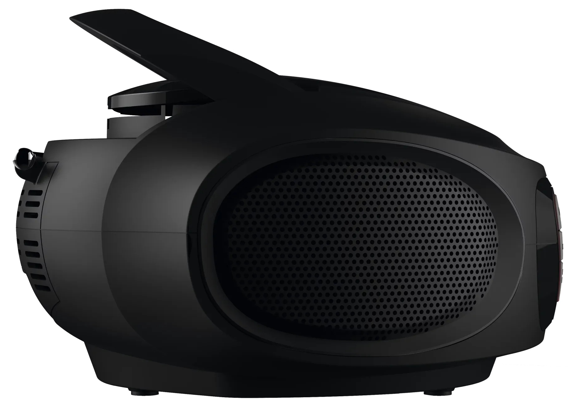 Czarny, nowoczesny urządzenie elektroniczne z kratką głośnika i otwieraną pokrywą na białym tle.