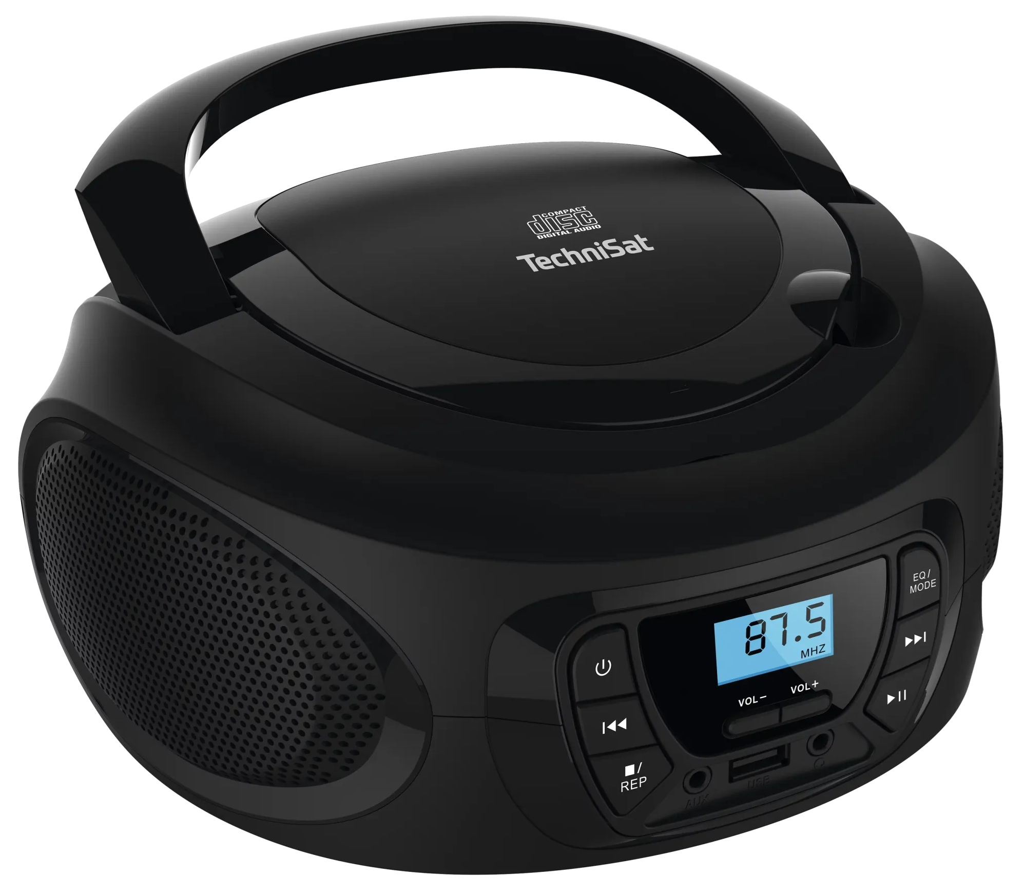 Czarny boombox TechniSat z uchwytem. Posiada wyświetlacz cyfrowy z częstotliwością 87,5 MHz. Posiada przyciski i głośnik.